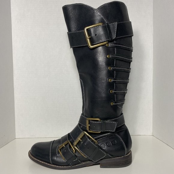 Lucky Brand Women Boots Knee High Combat Buckle Leather Black Sz 7 - Picture 9 of 16